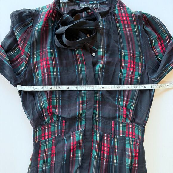 NWT J.Crew Tie-Neck Dress in Stewart Tartan Viscose Chiffon Black Red Green XS - Picture 13 of 15